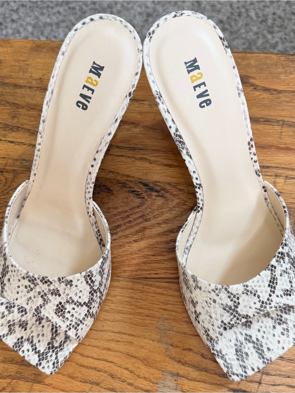 New pair of Maeve snakeskin-print heeled mules from Anthropologie.